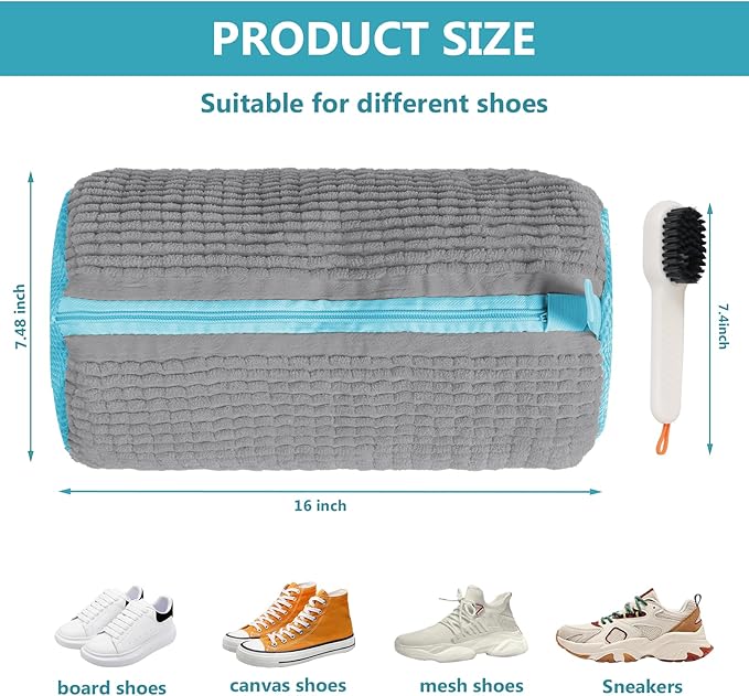 Shoe Washing Machine Bag - 2Pack Laundry Shoe Bag for Washer and Dryer, Reusable Shoe Cleaning Bag for All Shoe Sizes, 360° Deep Clean for Tennis Shoes, Sneakers, Includes 1 Brush(grey)