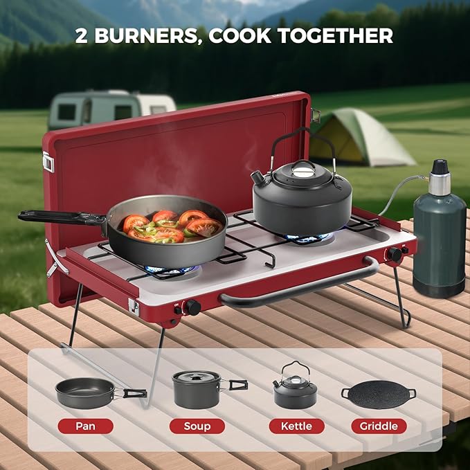 CAMPLUX Safari 2 Burner Propane Camping Stove 20,000 BTU, Portable 2 Burner Propane Camping Grill Stove with Foldable Legs, Push-Button Ignition, CSA Certified Regulator & Hose for Outdoor Cooking