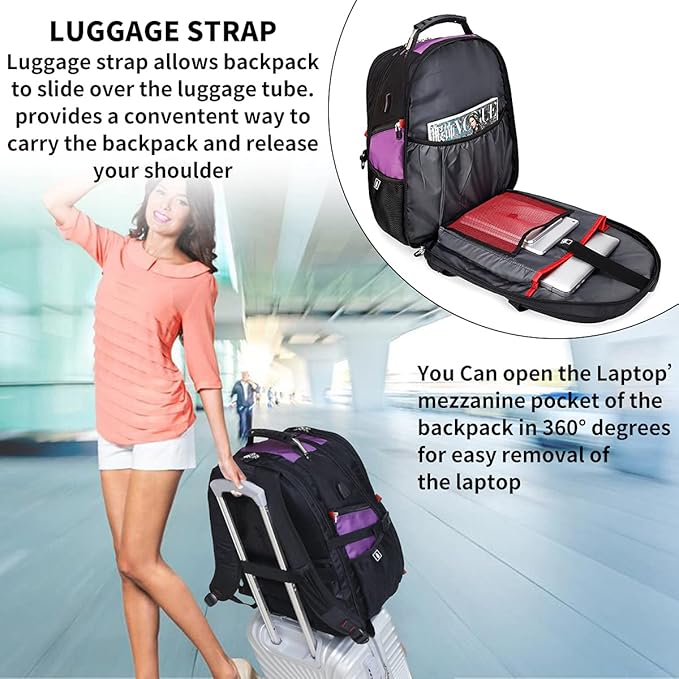 SHRRADOO Extra Large 50L Travel Laptop Backpack with USB Charging Port, College High School Backpack Airline Approved Business Work Bag Fit 17 Inch Laptops for Men Women,Purple