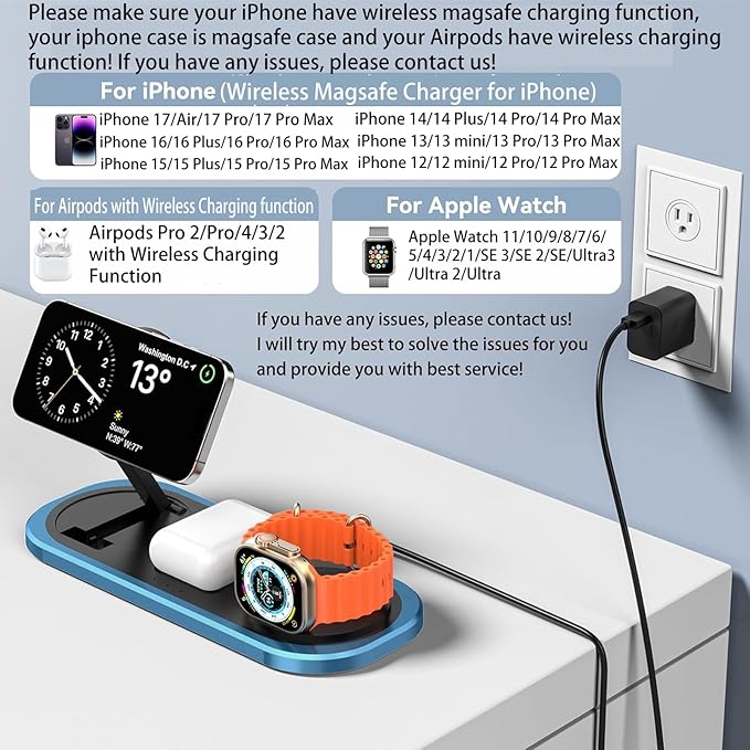 3 in 1 Fast Wireless Charger Stand for iPhone, Foldable Travel Charging Station for Magsafe for iPhone 17/Air/16/15/14/13/12 Series, Apple Watch Series, AirPods pro/2/3/4, Gifts for Women Men (Blue)
