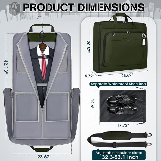 RAINSMORE Garment Bags for Travel Carry On Garment Bag for Hanging Clothes, Suit Bag for Business Trips with Shoes bag & Shoulder Strap, Waterproof Foldable Suit Luggage Bag for Men Women, Green