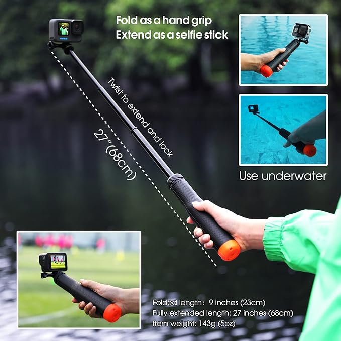 SOONSUN 4in1 Floating Selfie Stick Tripod for GoPro Hero 13 12 11 10 9 8 7 6 5 4 3, Max, AKASO, Osmo Action 3/4/5 Pro Camera - As Waterproof Extension Monopod Pole Floating Handle Grip Tripod Stand