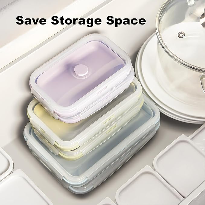 Large Collapsible Food Containers with Lids for Camping & Travel | Leak-Proof Silicone Storage Bowls,2000ml/1200ml/800ml, Dishwasher, Microwave Freezer Safe - Set of 3