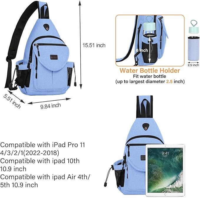 MOSISO Sling Backpack,Canvas Crossbody Hiking Daypack Bag with Anti-theft Pocket, Air Blue