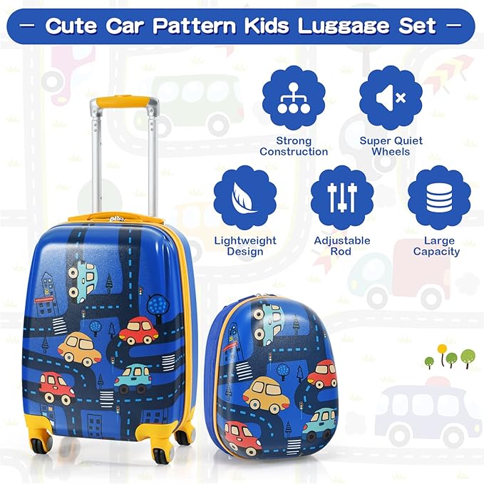 HONEY JOY Kids Luggage, 12" Toddler Backpack & 18" Travel Suitcase with Wheels, Lightweight Toddler Suitcase, Durable ABS Hardshell, 2Pcs Carry On Luggage Set for Boys Girls (Car)