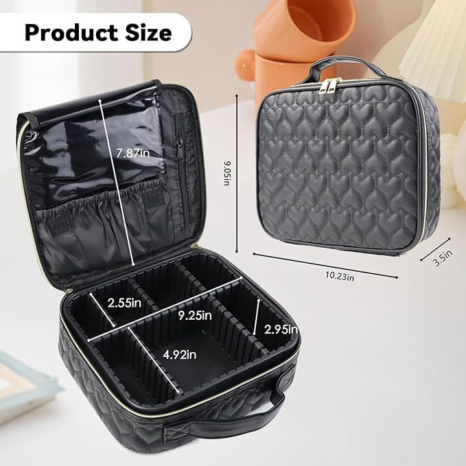 Travel Makeup Bag Makeup Cosmetic Train Case Organizer Portable Storage Bag with Adjustable Dividers for Cosmetics Makeup Brushes Toiletry Jewelry Heart Pattern