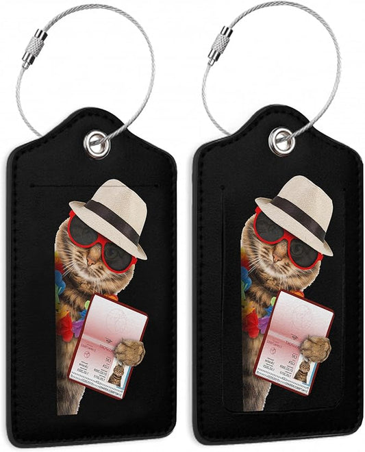 2 Pack Leather Luggage Tag for Suitcase Funny Cat Passport Airline Ticket Unique Travel Tags with Privacy Cover ID Label & Stainless Steel Loop for Men and Women Baggage