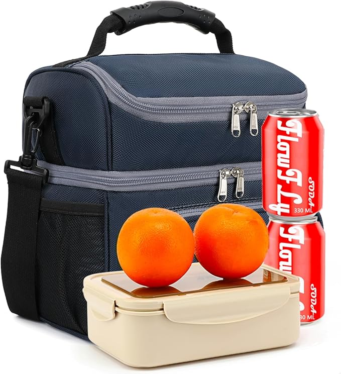 FlowFly Double Layer Cooler Insulated Lunch Bag Adult Lunch Box Large Tote Bag for Men, Women, With Adjustable Strap,Front Pocket and Dual Large Mesh Side Pockets
