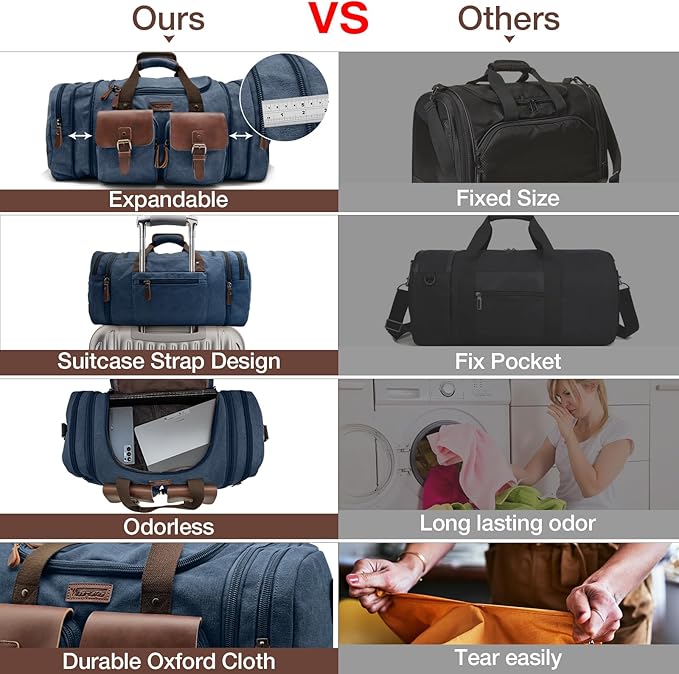 Wildroad 50L Travel Duffel Bag, Expandable Canvas Genuine Leather Duffle Bag Upgraded Overnight Weekender Carry on Bag (Navy Blue, Large-50L)