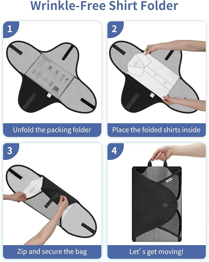 WANDF 7 Set Compression Packing Cubes for Travel, Shirt Folder for Wrinkle-Free, Suitcase Organizer Bags Set for Carry-On Checked Luggage Duffle Bag Women Men(Black)