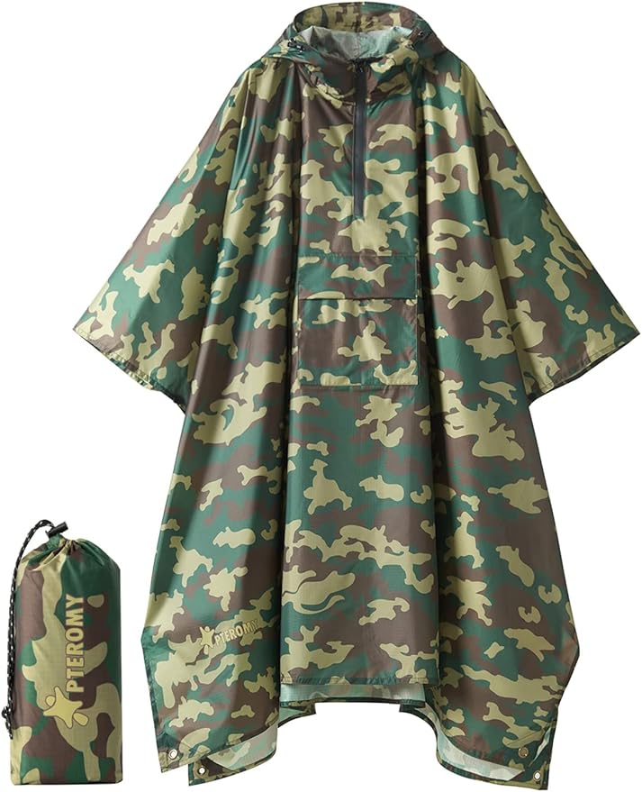 PTEROMY Hooded Rain Poncho for Adult with Pocket, Waterproof Lightweight Unisex Raincoat for Hiking Camping Emergency