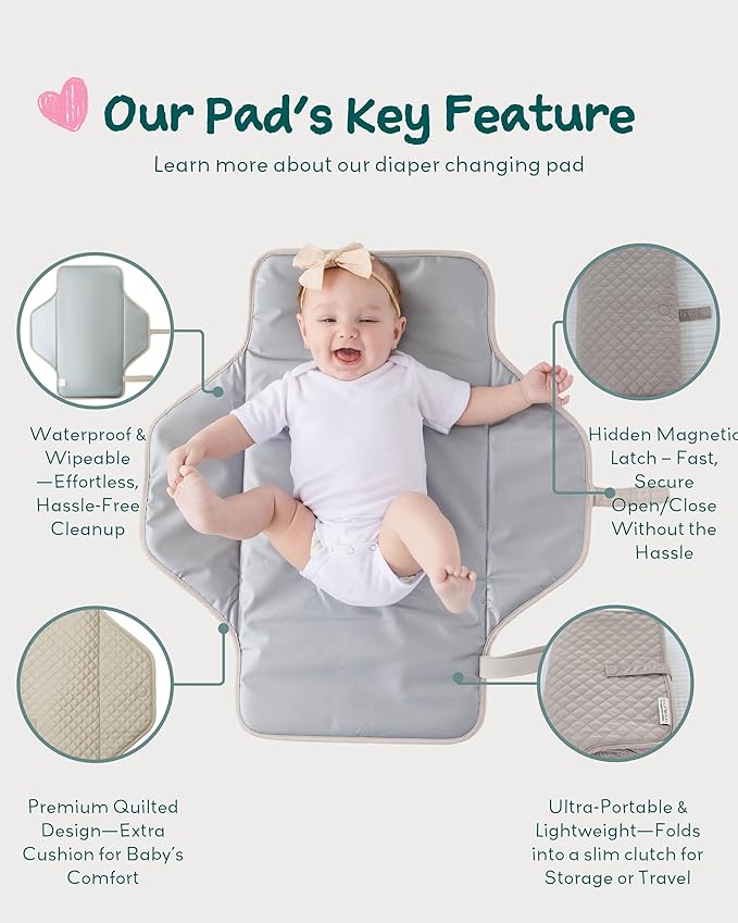 Lily Miles Baby Changing Pad Portable, Diaper Changing Mat with Magnetic Latches, Travel Pad for Diaper Bag, Baby Essentials, Wipeable & Waterproof Mat (Soft Sand, Large)