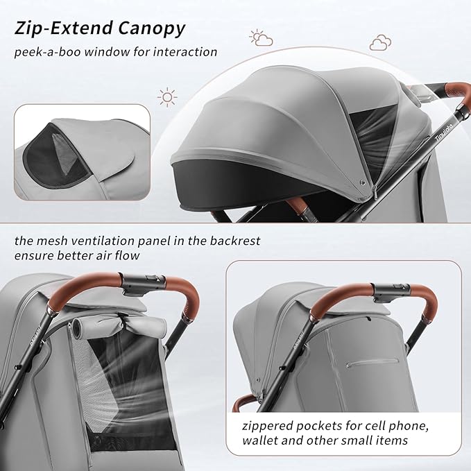 Tinyiota Baby Stroller, Infant Stroller with Large UPF 50+ Canopy,Luxury Pram Strollers with Leather Handle & Spacious Seat, One-Hand Foldable Pushchair, Toddler Carriage with Lie-Flat Mode(Gray)