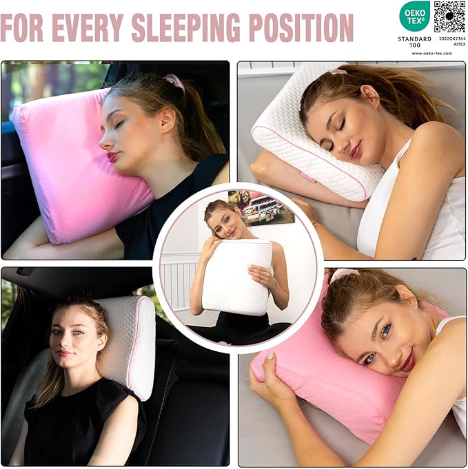 Travel & Camping Comfortable Memory Foam Pillow – Easy to Carry Portable Bag – Temperature Regulating Pillow Case (Pink Contour + Extra Cover)