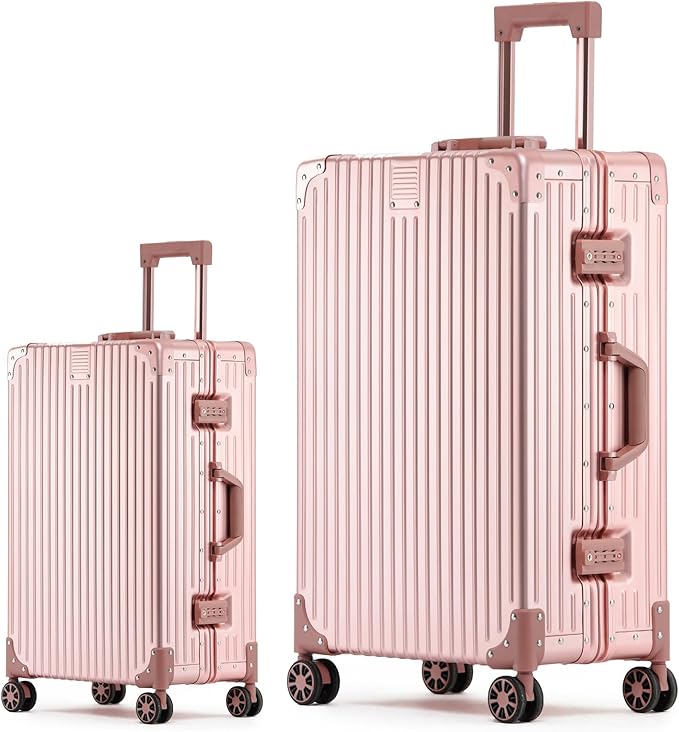 Metal All Aluminum Carry-on Luggage TSA Customs Lock Zipperless Silent Rotary Wheel Business Suitcase Aluminum Frame Set (rose gold, 2Piece(20/28))