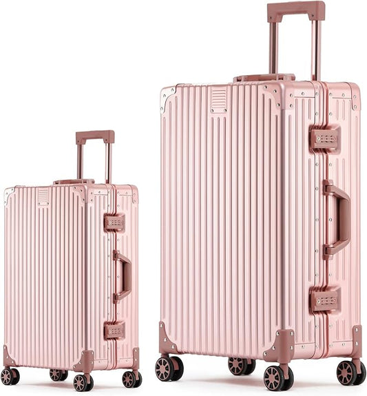 Metal All Aluminum Carry-on Luggage TSA Customs Lock Zipperless Silent Rotary Wheel Business Suitcase Aluminum Frame Set (rose gold, 2Piece(20/28))