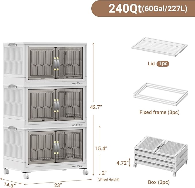 BROVIEW 240Qt Stackable Storage Bins with Lid, Extra Large Closet Organizer Collapsible Drawer Boxes with Wheels, Folding Plastic Cabinet Containers for Home Kitchen Room Organization, 3Pack White