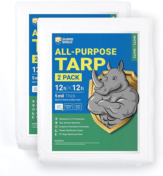 GUARD SHIELD Tarp White 12x12 Feet Multi Purpose Waterproof Poly Tarp Cover 5mil (2-Pack)