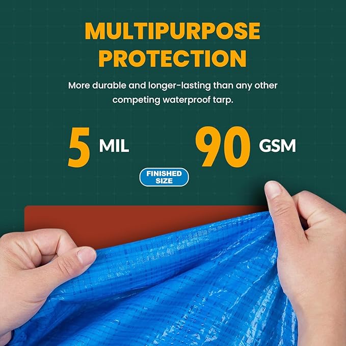 Large Waterproof Tarp - Heavy Duty 5 Mil Thick Poly Tarpaulin Ideal for Canopy Tents, Boats, RV or Pool Covers - Multipurpose Protective Tarps with Grommets for Indoor, Outdoor Use | 16' x 20' 2 Pack