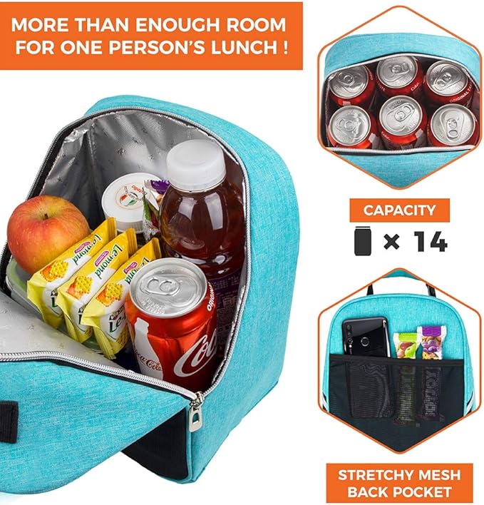opux Lunch Box for Girls Boys Kids, Insulated Leakproof Lunch Bag, Reusable Teen Lunch Boxes for School, Medium Large lunchbox for Women Men Adult for Work with Front Back Pocket (Teal Blue)