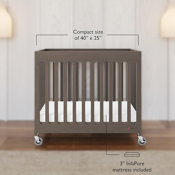 Foundations Boutique Folding Hotel Crib and Sheet Bundle - Includes Wooden Mini Crib with 3" Foam Mattress (Gray) and 6-Pack White Fitted Compact Sheets