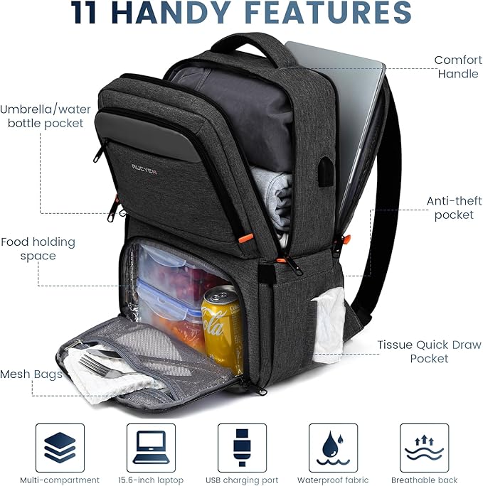 Lunch Backpack, Insulated Cooler Backpack Lunch Box for Men Women, 15.6 Inches RFID Blocking Laptop Backpack with USB Port Lunch Bag for Work Travel Black