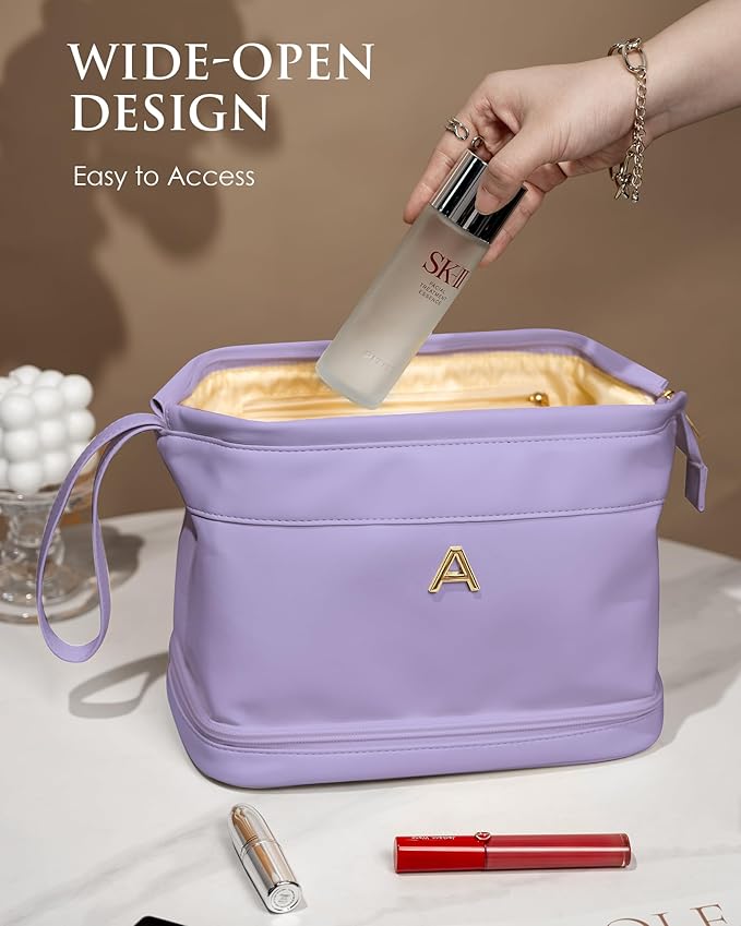 Gifts for Her: Initial Large Makeup Bags, Personalized Double Layer Cosmetic Bags with Makeup Brush Organizer, Waterproof PU Leather Travel Toiletry Bags for Wedding & Bridesmaid Gifts