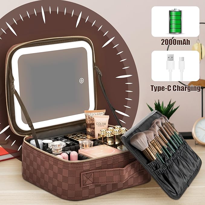 Makeup Travel Train Case with Mirror LED Light 3 Adjustable Brightness Large Cosmetic Bag Portable Storage Adjustable Partition Waterproof Makeup Brushes Make up Jewelry Gift for Women
