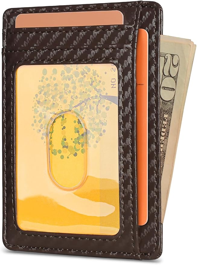 Buffway Slim Minimalist Front Pocket RFID Blocking Leather Wallets for Men and Women - Carbon Fiber Coffee