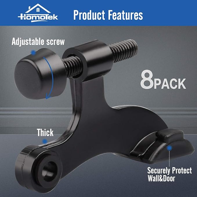 HOMOTEK 8 Pack Hinge Pin Black Door Stopper,Adjustable Deluxe Heavy Duty Door Stopper 2-1/2"x1-3/4”,with Black Rubber Bumper Tips