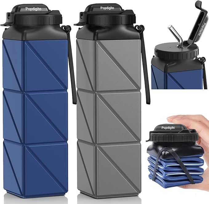 2pcs Collapsible Water Bottles 20.6oz Foldable Water Bottle BPA Free Reusable Lightweight LeakProof Travel Silicone Water Bottles for Travel Gym Hiking Camping Cycling Yoga Sports Outdoor