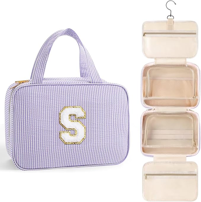 TOPEAST Travel Toiletry Bag Makeup Bag - Hanging Toiletry Bag for Women, Portable Toiletries Travel Bag and Cosmetic Bag, Airplane Travel Essentials Travel Toiletry Bag - Letter S, Purple