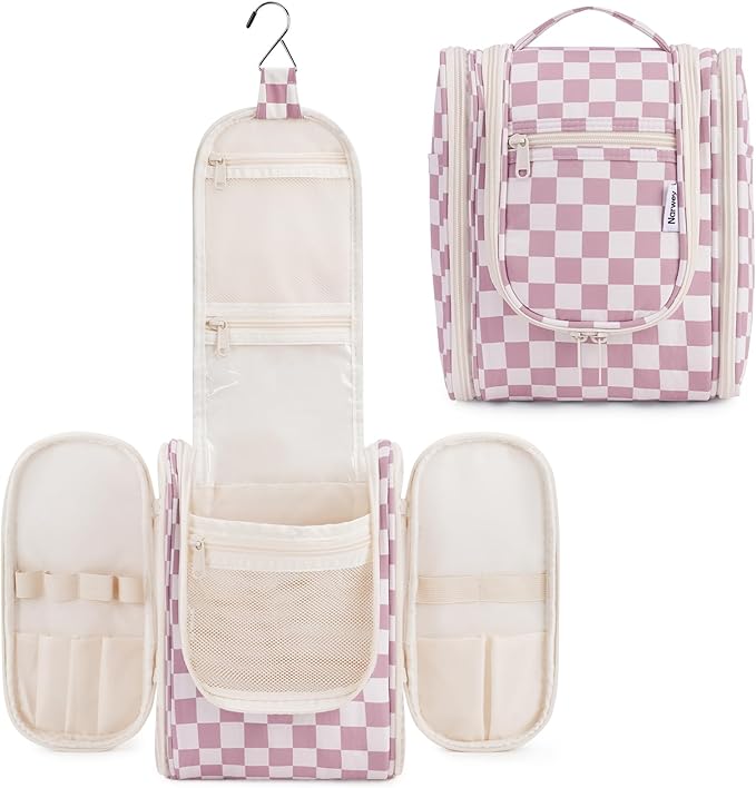 Narwey Small Checkered Hanging Travel Toiletry Bag for Women, Travel Bag for Toiletries, Makeup Bag Organizer Cosmetic Bags Make Up Bags for Women (Dusty Rose Checkerboard)