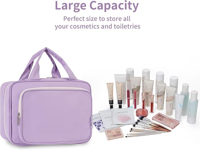Travel Toiletry Bag for Women Large Hanging Makeup Bag Organizer Toiletries Bag for Full Size Essentials Accessories Cosmetics (Purple (Large))