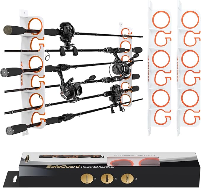 KastKing SafeGuard Fishing Rod Holder for Garage, Wall or Ceiling Mounted Fishing Rod Rack Storage Organizer, Fishing Pole Holder Holds 6 Rods or Combos in Less Than 18 Inches