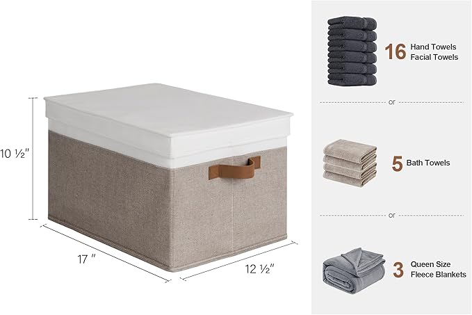 StorageWorks Storage Bins with Lids, Decorative Storage Boxes with Lid and PU Handles, Foldable Storage Baskets for Closet, Shelves, Stackable, Brown and White, Jumbo, 3-Pack