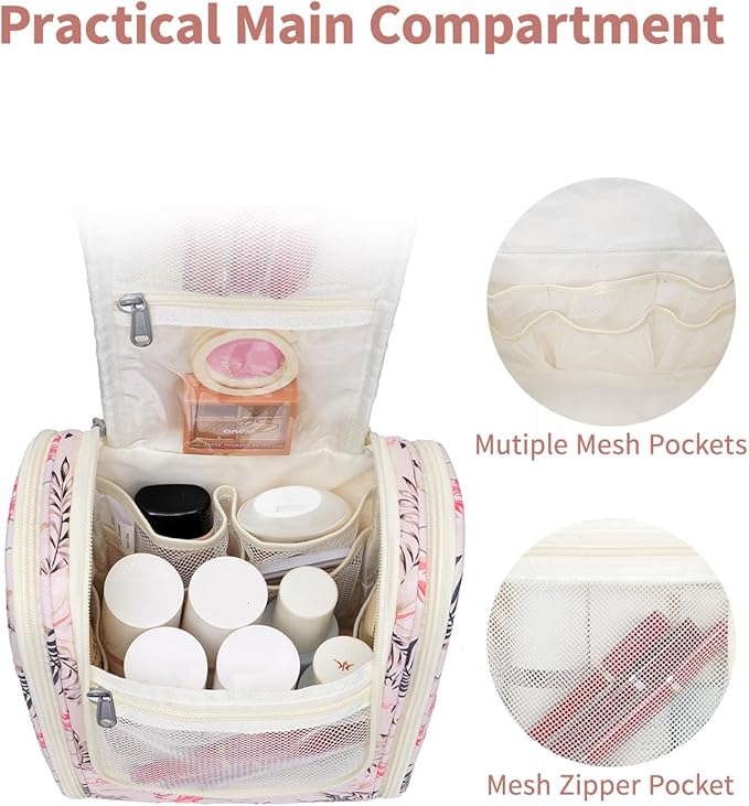 Narwey Small Hanging Toiletry Bag Women Travel Makeup Bag Organizer Toiletries Bag for Travel Size Essentials Accessories Cosmetics(Medium, Beige Bird)