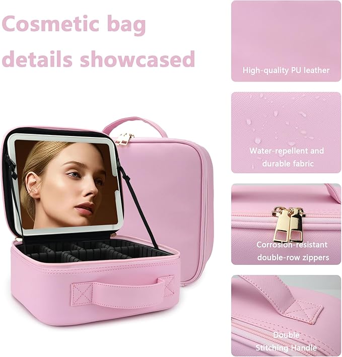 Travel Makeup Bag for Women and Makeup Artists Cosmetic Organizer Large Makeup Case,Travel Makeup Bag with Mirror 3 Color Setting,Portable Storage and Adjustable Dividers(Light Pink)