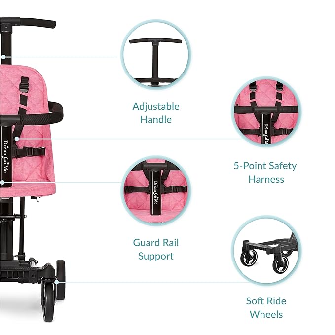 Dream On Me Lightweight and Compact Coast Rider Stroller with One Hand Easy Fold, Adjustable Handles and Soft Ride Wheels, Pink, 365-PINK