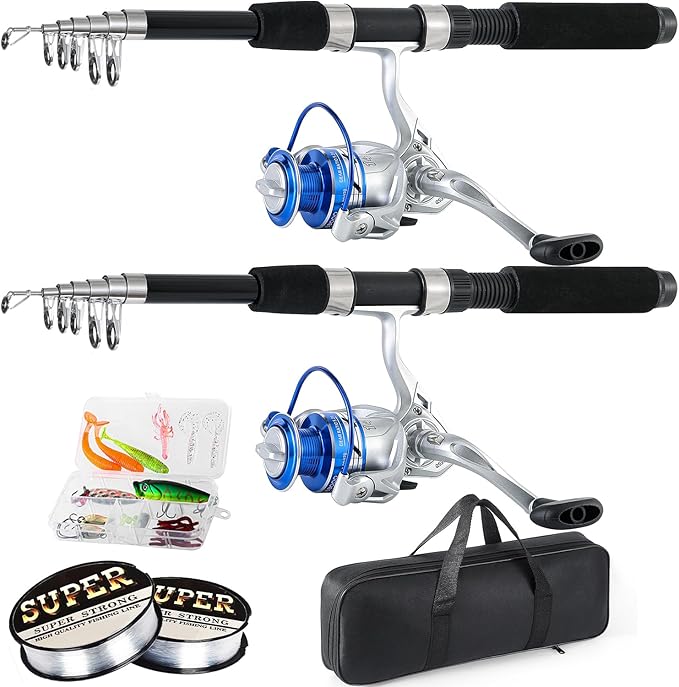Fishing Pole Combo, 6.9ft 2Pcs Telescopic Rods Set, Collapsible Fishing Rods, 2PCS Spinning Reel Set with Carrier Bag Freshwater Fishing Rod and Reel Combos Kits(2 Blue Combos)