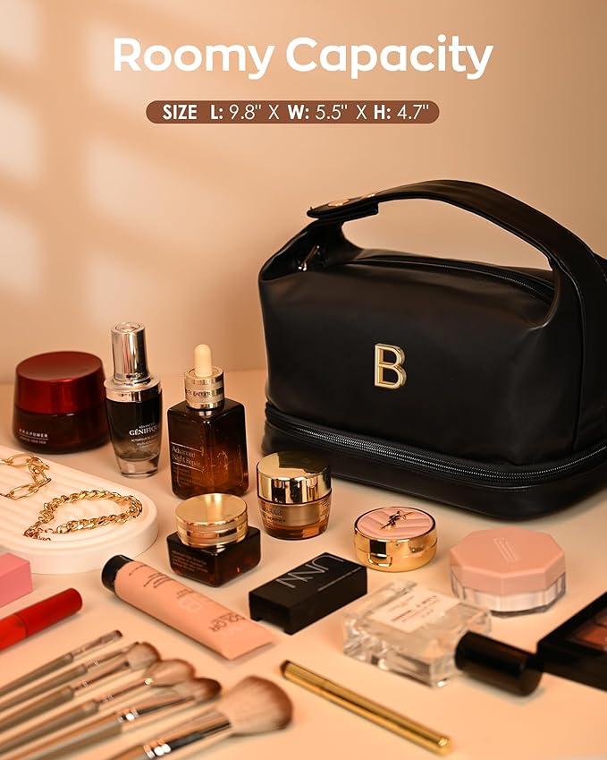 Gift Ideas, for Women 20S-Personalized Makeup Bags, Initial Bags with Handle, Double Layer Cosmetic Bag, Large Capacity Makeup Bags Letter Travel Toiletry Bag with Makeup Brush Organizer