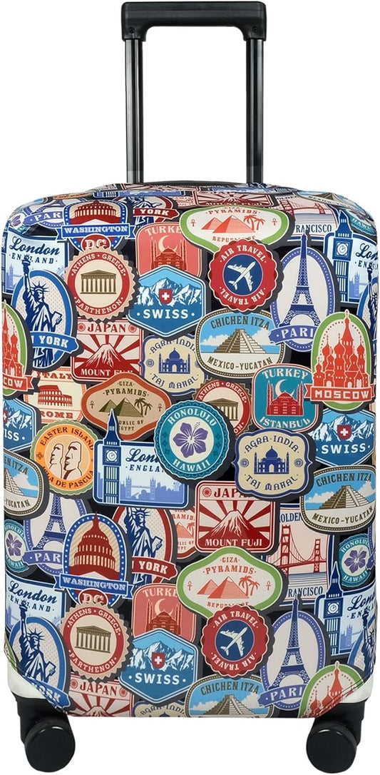 Explore Land Travel Luggage Cover Suitcase Protector Fits 18-22 Inch Case (Landmark Sticker, S)
