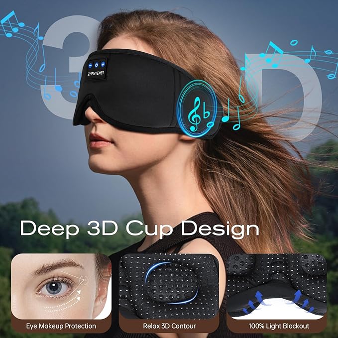 3D Sleep Mask with Bluetooth Headphones, Sleeping Headphones for Side Sleepers, Wireless Music Eye Mask with Ultra-Thin Stereo Speakers for Men, Women, Tech Gifts, Black