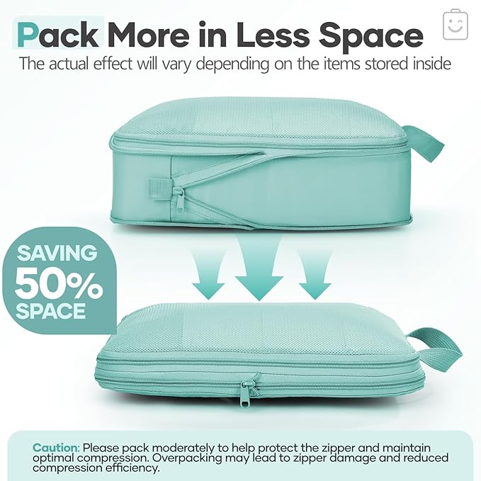 Veken 9/11 Set Compression Packing Cubes for Travel Essentials,Compressible Expandable Large Luggage Suitcase Organizer Bags for Clothing,Durable Space Saver Storage Bags(Blue Green)