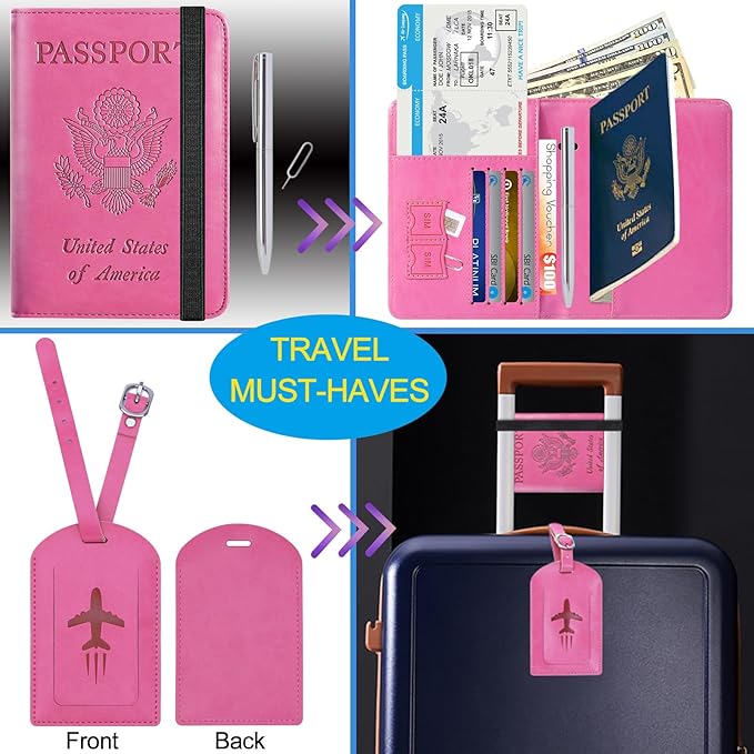 Passport Holder With Luggage Tag Travel Essentials Passport Cover Wallet RFID Blocking Leather Case International Must Haves Travel Accessories Women Men(115#Pink)