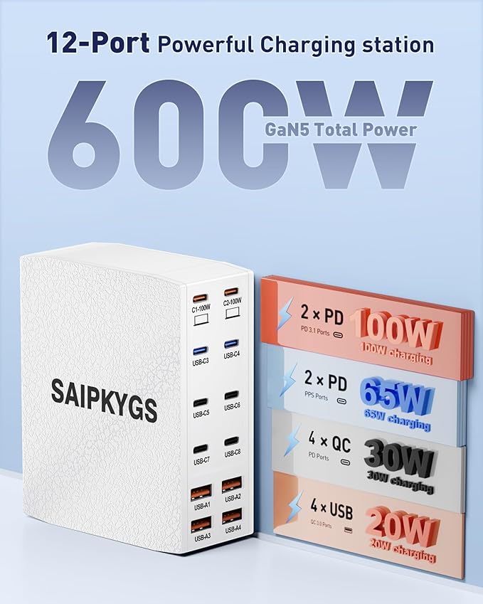 USB Charging Station (600W),12-Port USB C Charger Block with Dual 100W PD USB-C Fast Charging Station Hub for MacBook Pro/Air/All iPad Phone 17/16 15/14/13/Pro Max/Samsung Galaxy Note(White)
