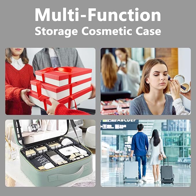 Travel Makeup Bag with LED Lighted Mirror, Travel Makeup Organizer,3 Color Setting Cosmetic Makeup Box, Adjustable Dividers and Brush Holder（black）