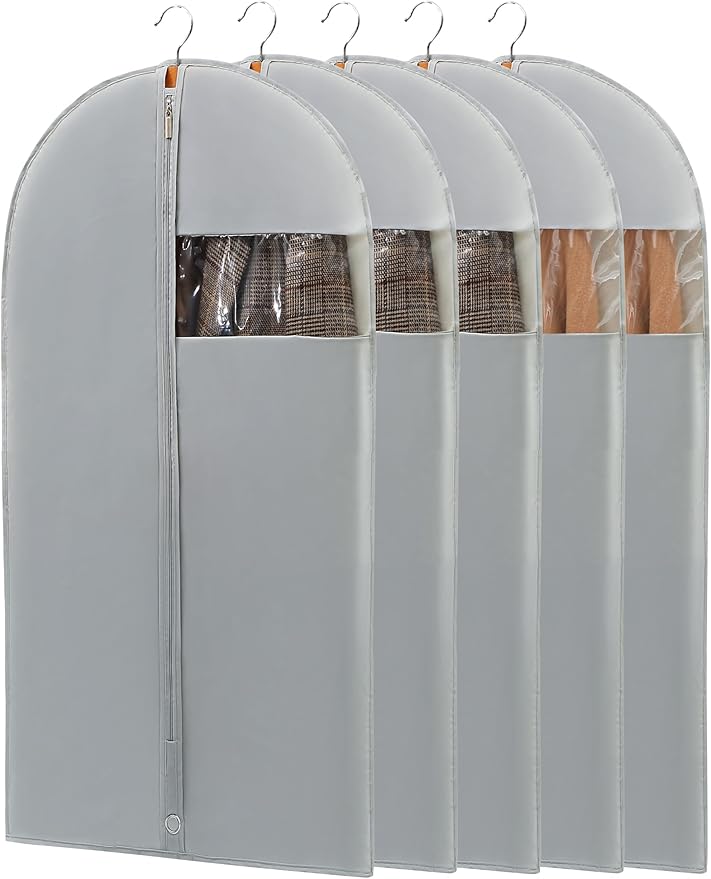 43" Garment Bags for Hanging Clothes, Suit Bags for Closet Storage and Travel, Grey Suit Cover Bags with Clear Window for Coats, Jackets, Shirts (5 Packs)