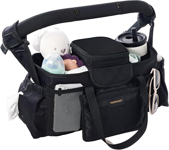 Momcozy Extra Large Stroller Organizer Max | with Food Grade Pacifier Teether Bag | 2 Insulated Cup Holder | Silicone Anti-Slip Straps | 3-Way Usage | Detachable Small Pouch | for UPPAbaby/Doona