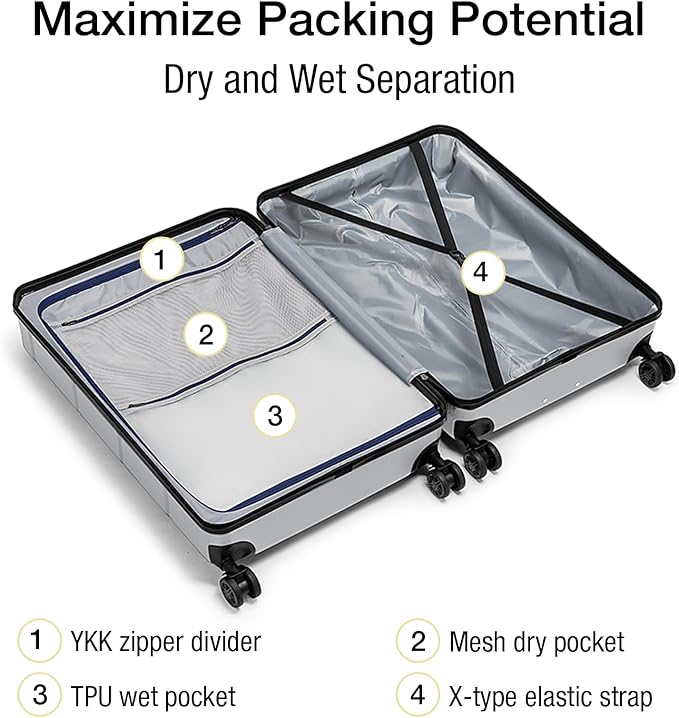 KYME Luggage Sets 3 Piece Hardshell 22in/26in/30in Suitcases with Spinner Wheels Hardside Suitcase Sets with TSA Lock Travel Rolling Luggage Set for Women Men Silver Grey